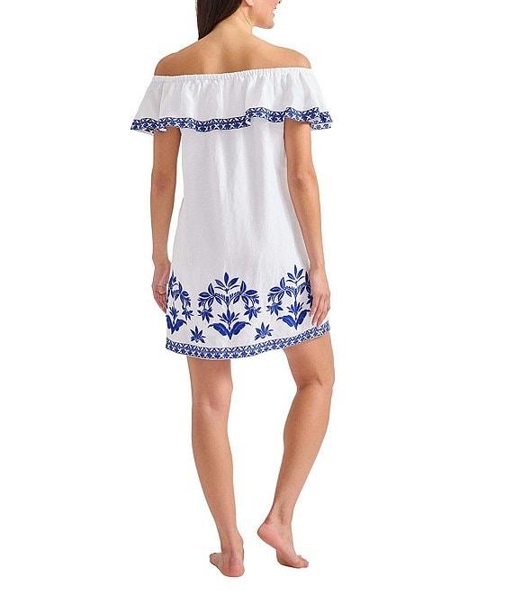Tommy Bahama St. Lucia Embroidered Ruffle Off-The-Shoulder Neck Swim Cover-Up Dress Product Image