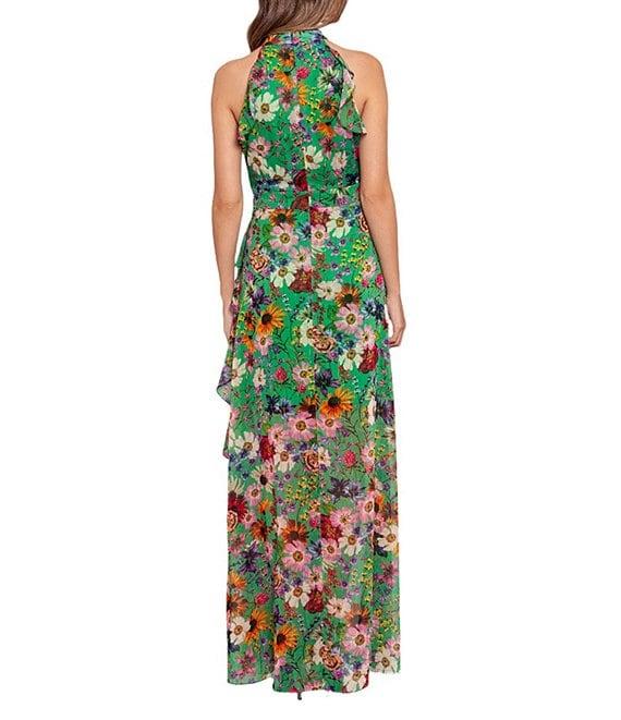 Betsy & Adam Halter Neck Sleeveless Ruffle Front Floral Chiffon Maxi Dress Product Image