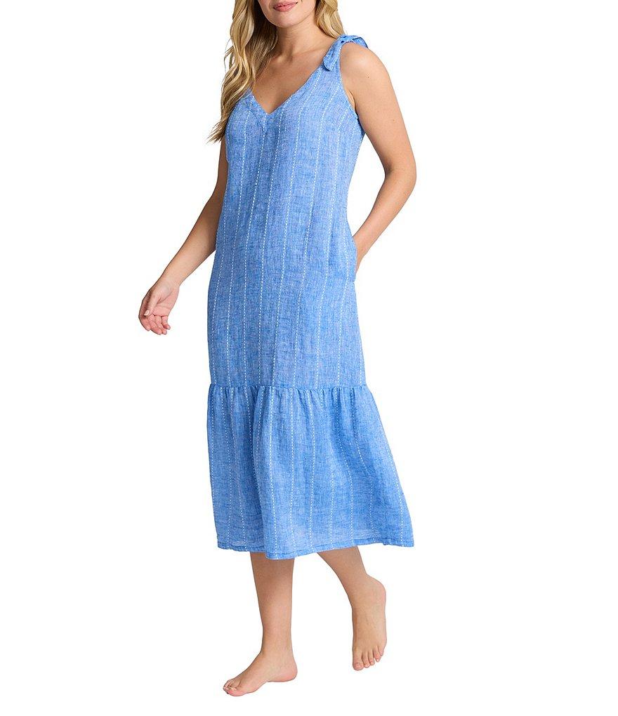 Tommy Bahama Linen Stripe V-Neck Sleeveless Bow Shoulder Midi Dress Swim Cover-Up Product Image