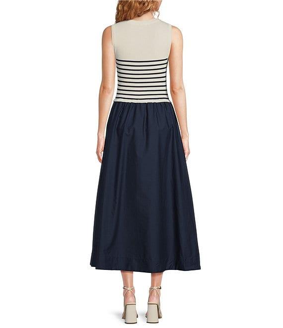 Skies Are Blue Striped Mixed Media Sleeveless Crew Neck Midi Dress Product Image
