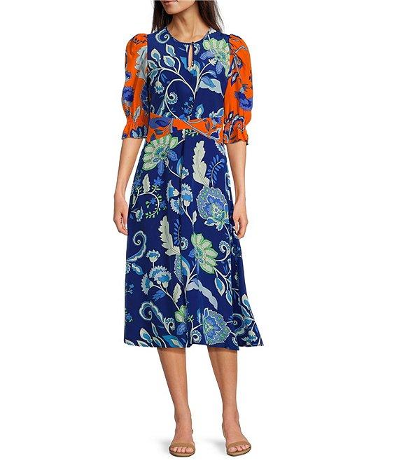 tyler boe Juliette Silk Mixed Floral Round Keyhole Neck Elbow Sleeve Midi Dress Product Image