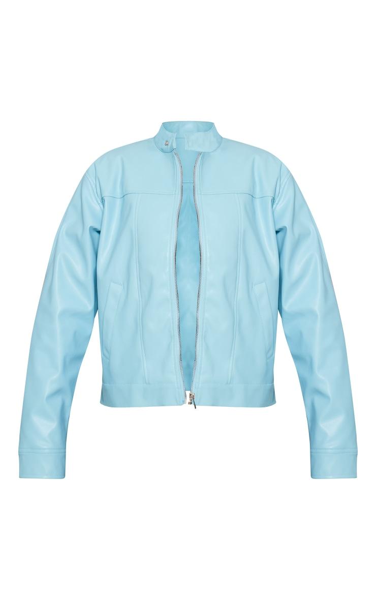 Light Blue Faux Leather Minimalist Racer Jacket Product Image
