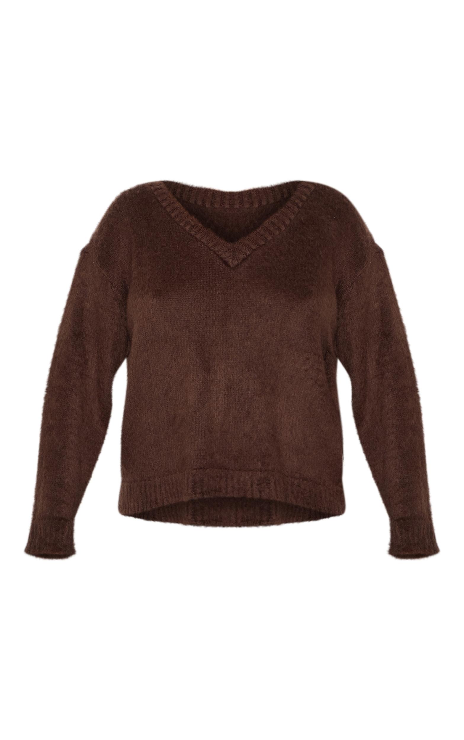 Plus Chocolate Slouchy V Neck Eyelash Knit Sweater Product Image