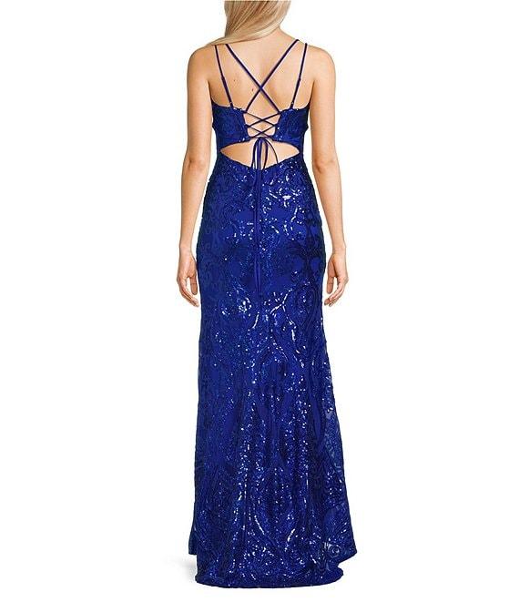 B. Darlin Sequin Pattern V-Neck Double Spaghetti Strap Lace Up Back Dress Product Image