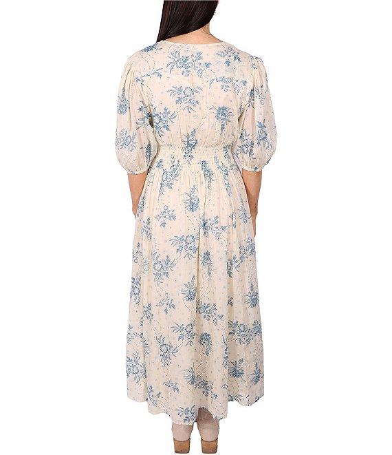 Talisman V-Neck Short Puff Sleeve Bluebell Print Halo Maxi Dress Product Image