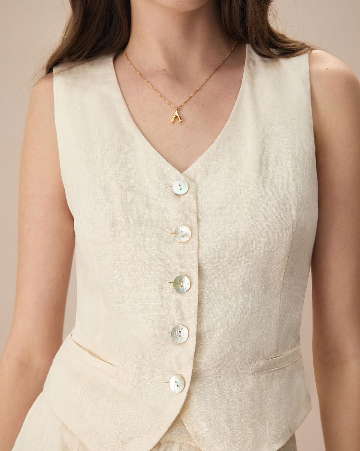 The Apricot V Neck Button-Up Linen Vest Product Image