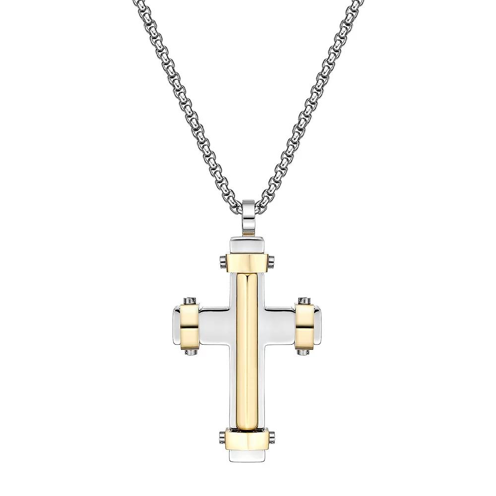 LYNX Men's Gold Tone Ion-Plated Stainless Steel Cross Pendant Necklace, Size: 24", Two Tone Product Image