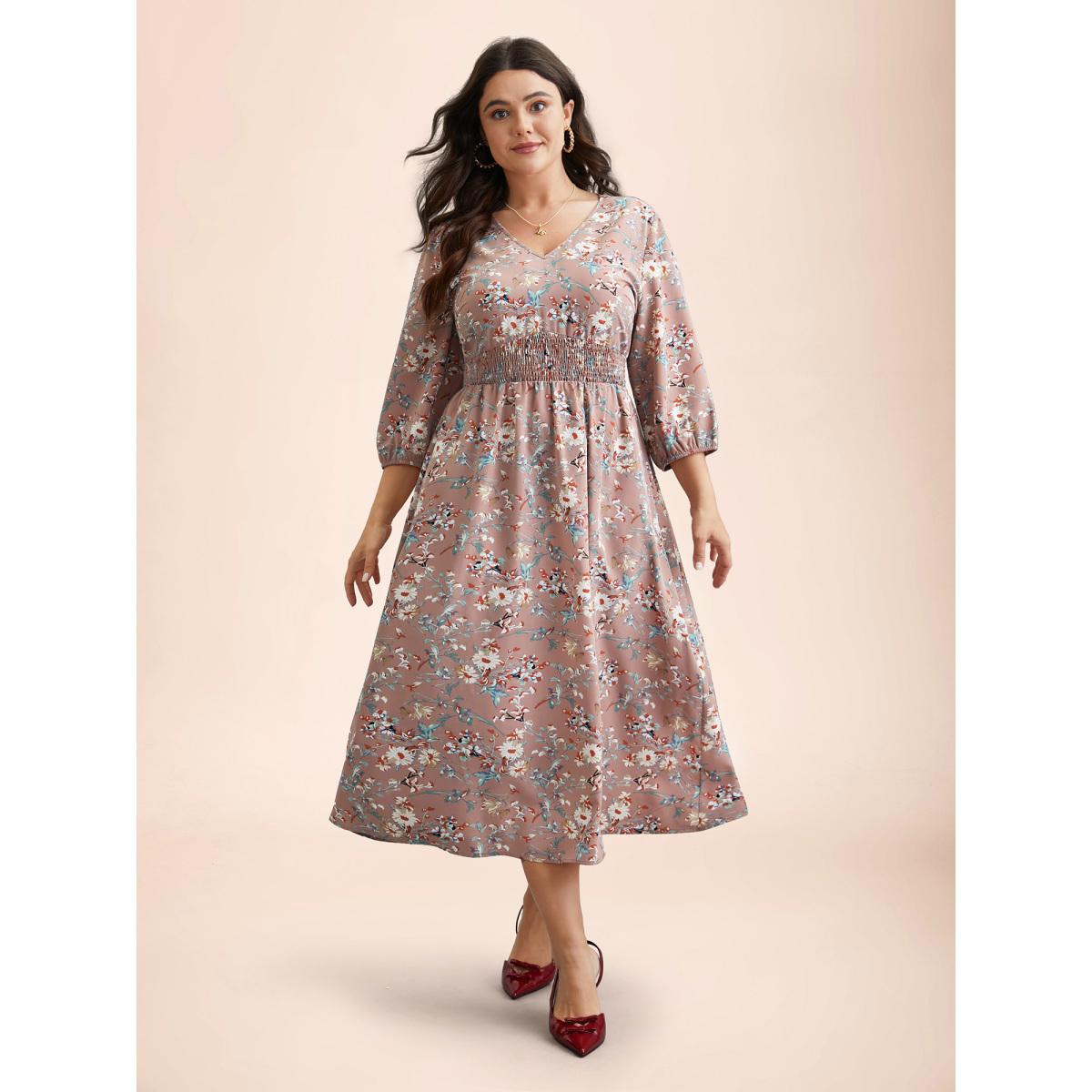 Plus Size V-Neck Floral Print Shirred Pockets Midi Dress DustyPink Women Elegant Shirred V-neck Elbow-length sleeve Curvy BloomChic 18-20/2X Product Image