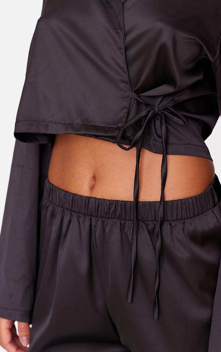 Black Satin Cropped Wrap Long Pj Set Product Image