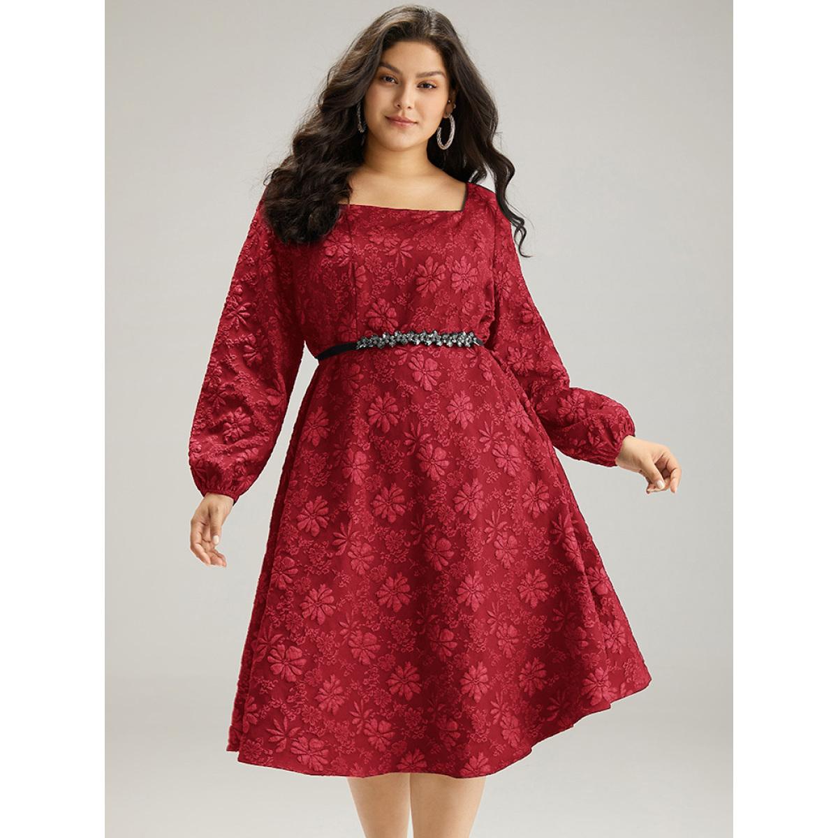 Plus Size Floral Print Plisse Pocket Lantern Sleeve Dress Raspberry Women Cocktail Elastic cuffs Square Neck Long Sleeve Curvy Midi Dress BloomChic 18-20/2X Product Image