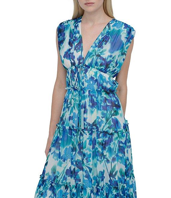 DKNY by Donna Karan Chiffon Floral Print V Neck Sleeveless Sheath Maxi Dress Product Image