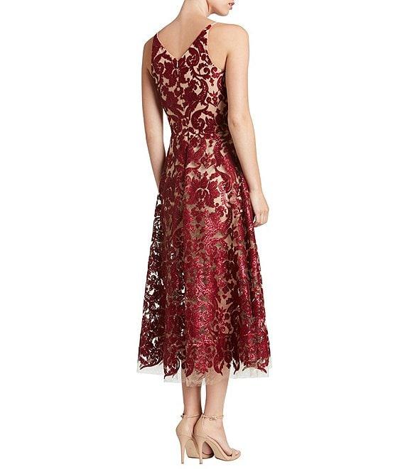 Dress the Population Blair Sequin Embroidered Mesh V-Neck Sleeveless A-Line Midi Dress Product Image