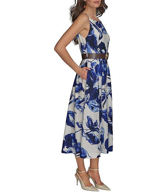 Donna Karan Floral Print A-Line Belted Midi Dress Product Image