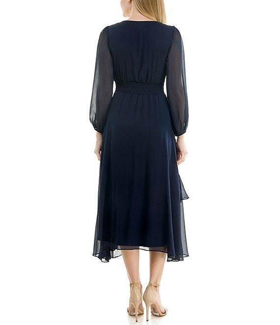 Moda Tara V-Neck Long Sleeve Ruffled Chiffon Midi Dress Product Image