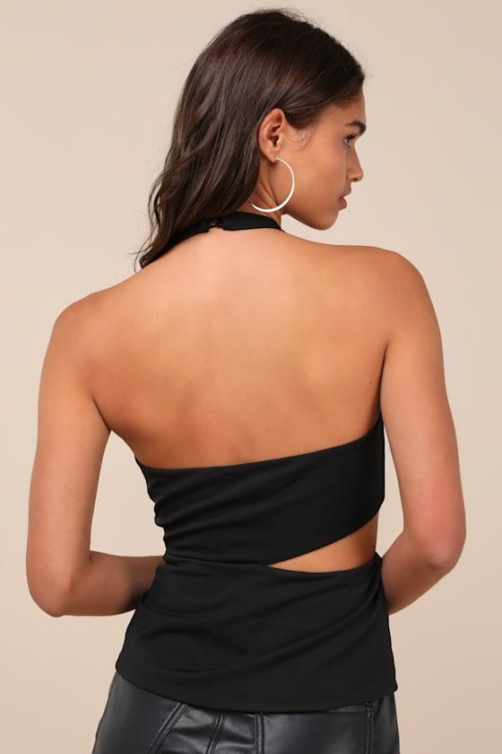 Poised Expert Black Halter Cutout Peplum Top Product Image