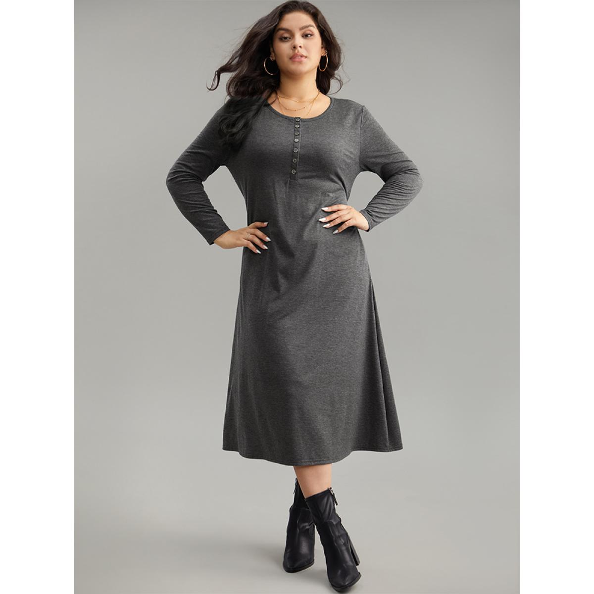 Plus Size Supersoft Solid Button Up Pocket Dress DimGray Women Timeless Non Round Neck Long Sleeve Curvy Midi Dress BloomChic 30/6X Product Image