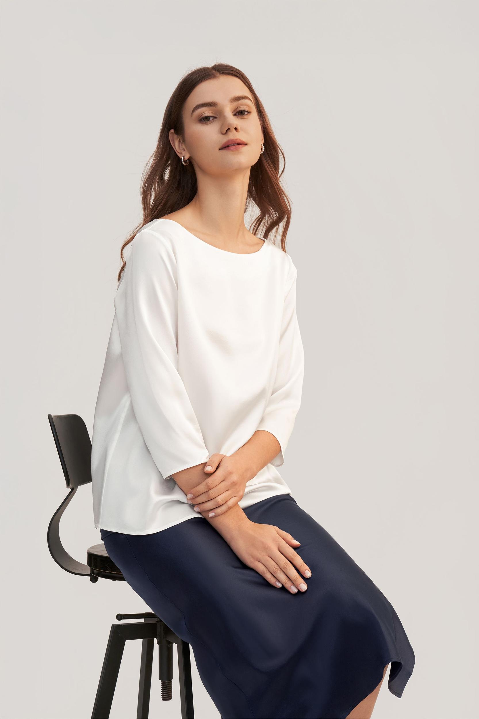 3/4 Sleeve Boat Neck Silk Blouse Product Image