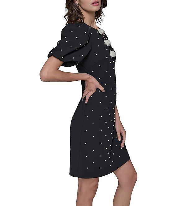 KARL LAGERFELD PARIS Dotted Scuba Crepe Round Neck Short Puff Sleeve Pearl Bow Sheath Dress Product Image