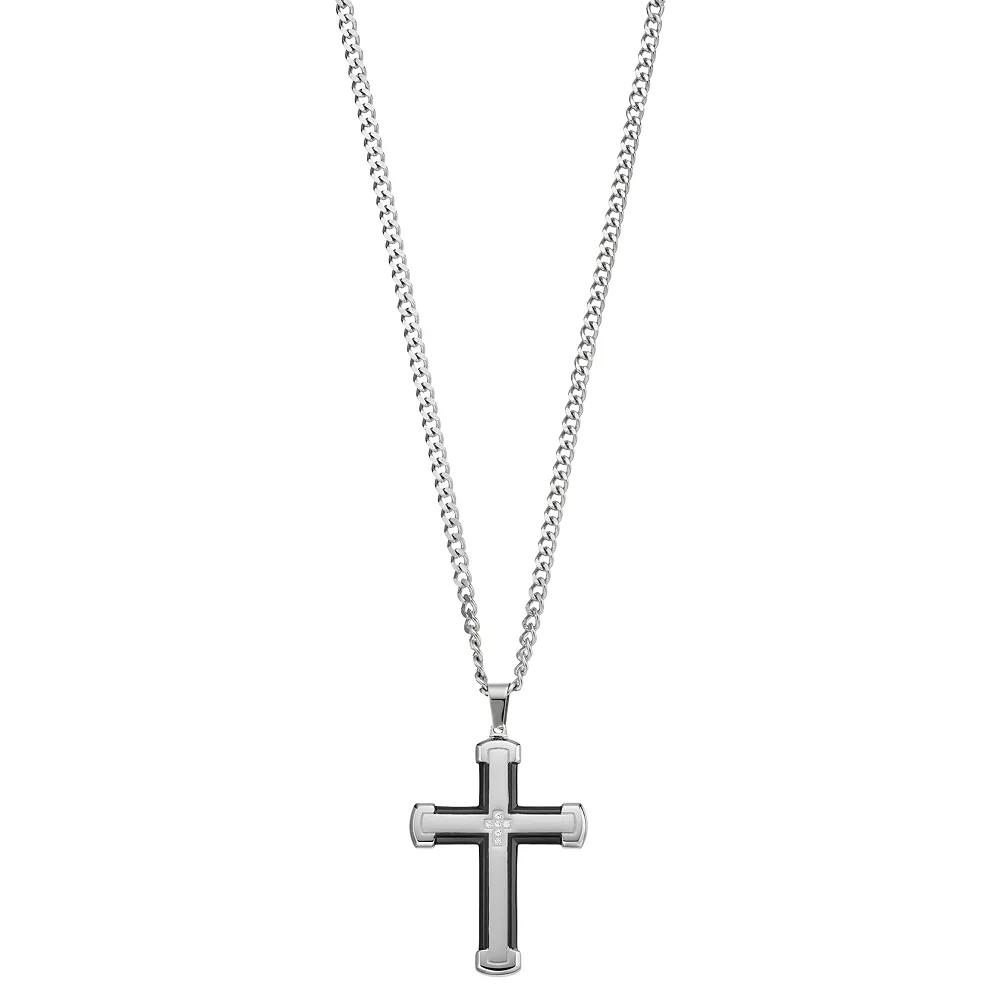 Diamond Brilliance Men's Black & Silver Tone Stainless Steel 1/10 Carat T.W. Black Lab-Created Diamond Cross Pendant Necklace, Size: 24" Product Image