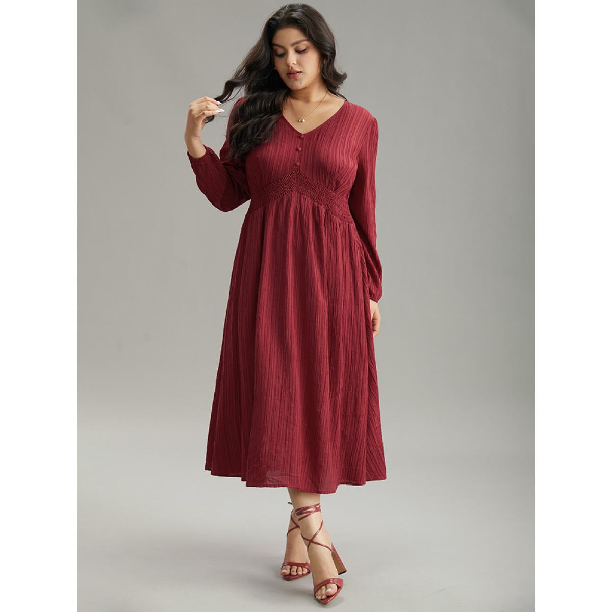 Plus Size Solid Plisse Button Detail Shirred Dress Scarlet Women Elegant Elastic cuffs V-neck Long Sleeve Curvy Midi Dress BloomChic 22-24/3X Product Image