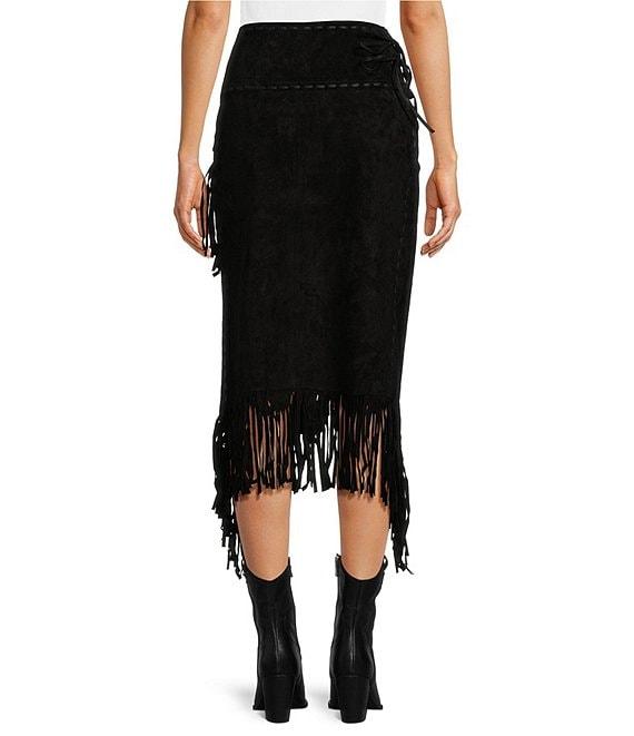 Scully Western Suede Leather High Rise Wrap Fringe Midi Skirt Product Image