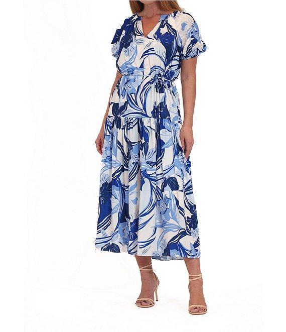 Julia Jordan Linen Blend Floral Print V Neck Short Sleeve Tiered A-Line Midi Dress Product Image