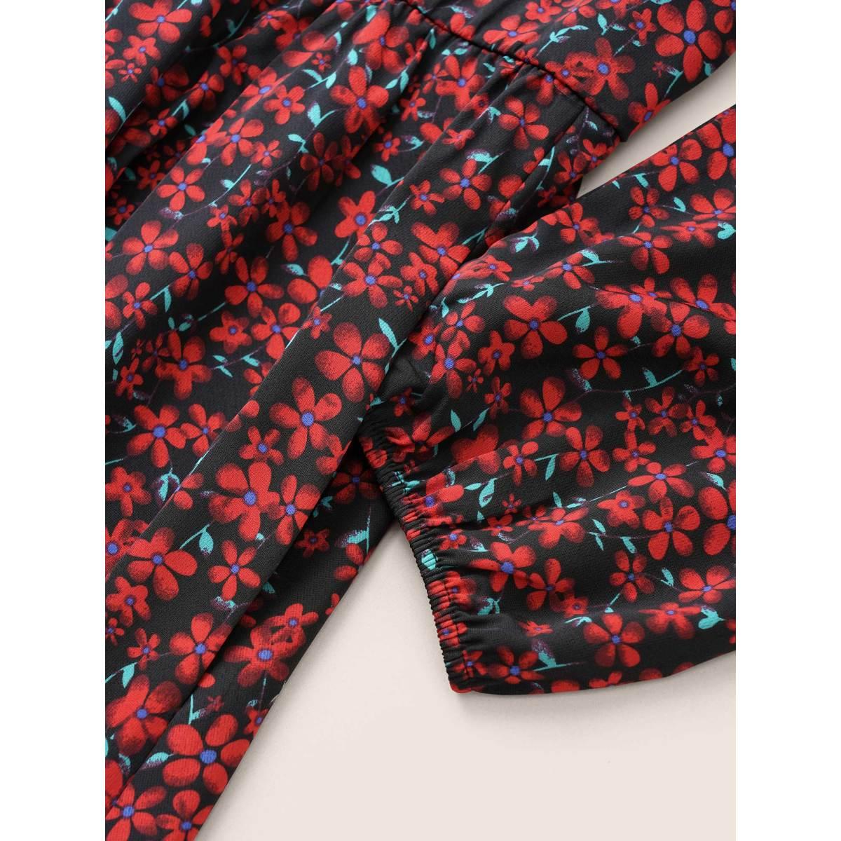 Plus Size Ditsy Floral Square Neck Split Side Dress Black Women Elegant Elastic cuffs Square Neck Long Sleeve Curvy Midi Dress BloomChic 28/5X Product Image