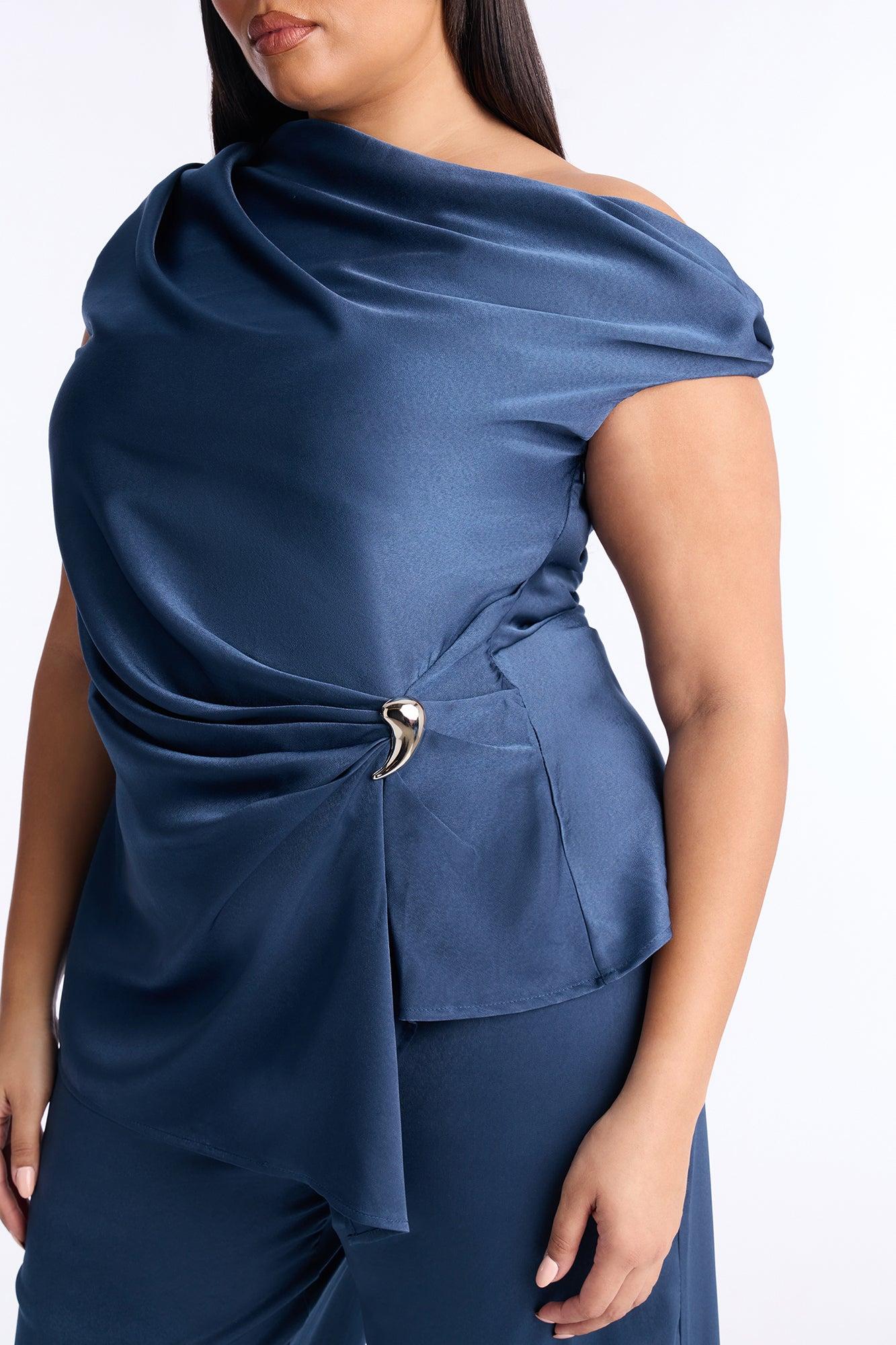 Scarlett Satin Off Shoulder Pant Set - Blue Female Product Image