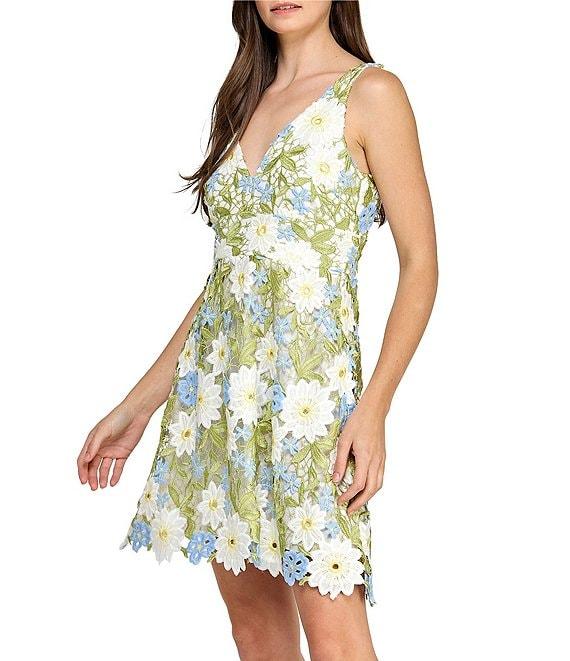 Layered With Love Gabriella 3D Floral Lace V Neck Sleeveless A-Line Mini Dress Product Image