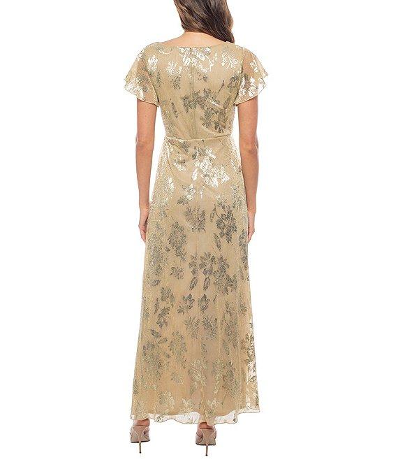 Marina V-Neck Knot Front Flutter Sleeve Floral Metallic Foil Sheath Dress Product Image