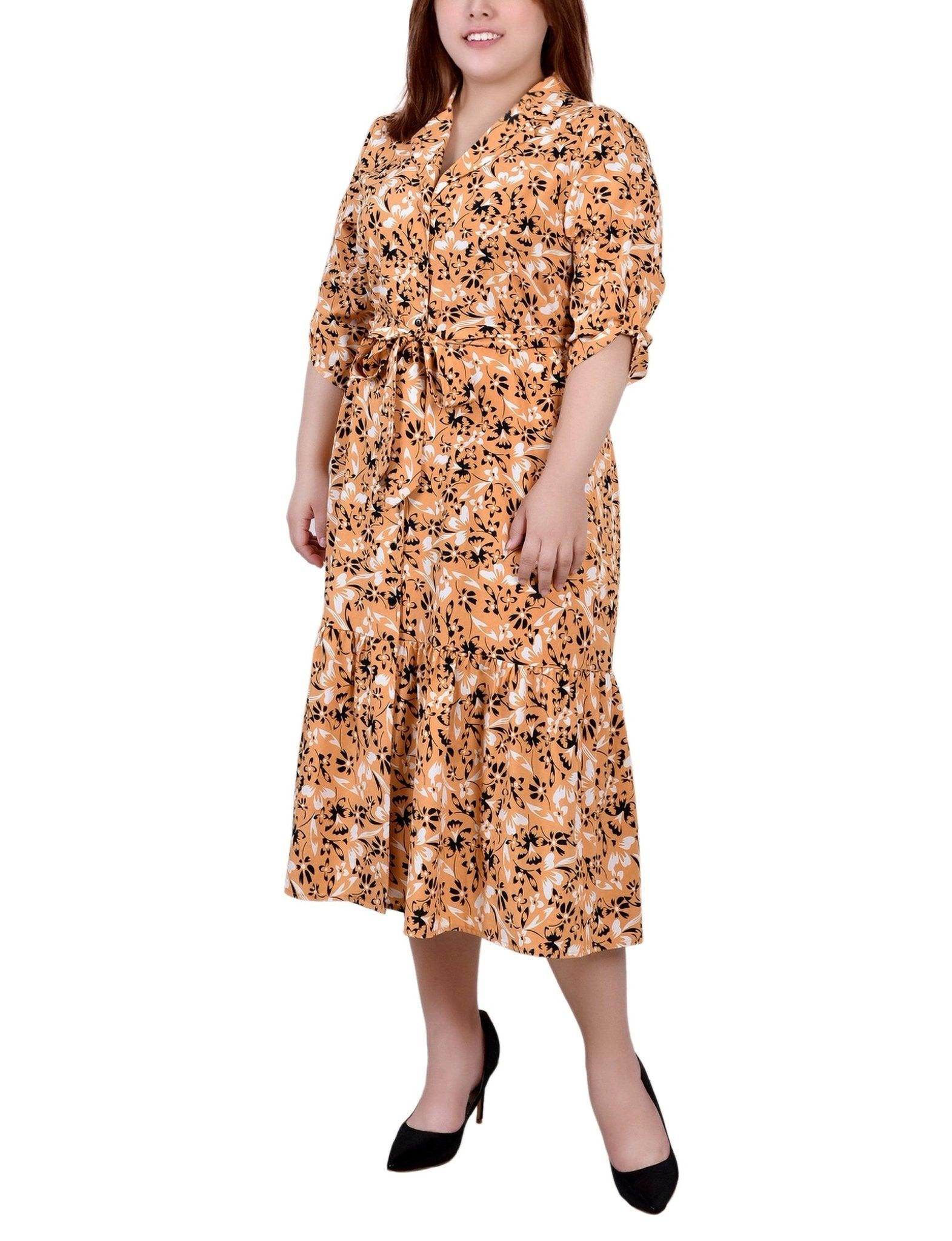 Black Gold White Long Sleeve Tiered Dress With Belt - Plus Product Image