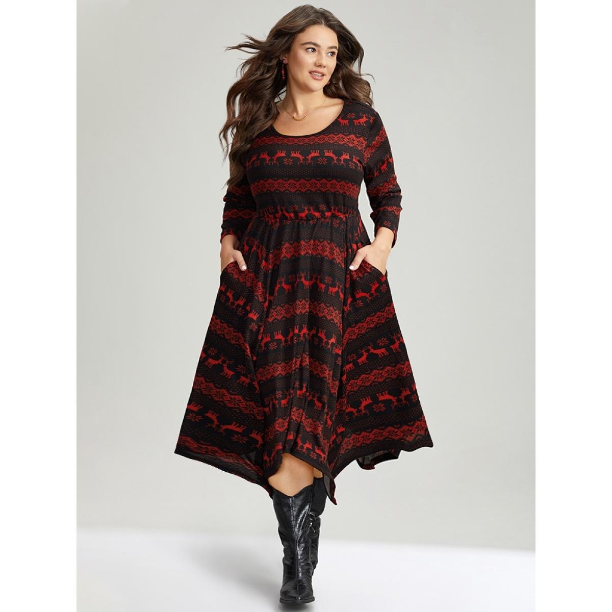 Plus Size Christmas Elk Elastic Waist Hanky Hem Dress Scarlet Women Casual Printed Round Neck Elbow-length sleeve Curvy Midi Dress BloomChic 18-20/2X Product Image