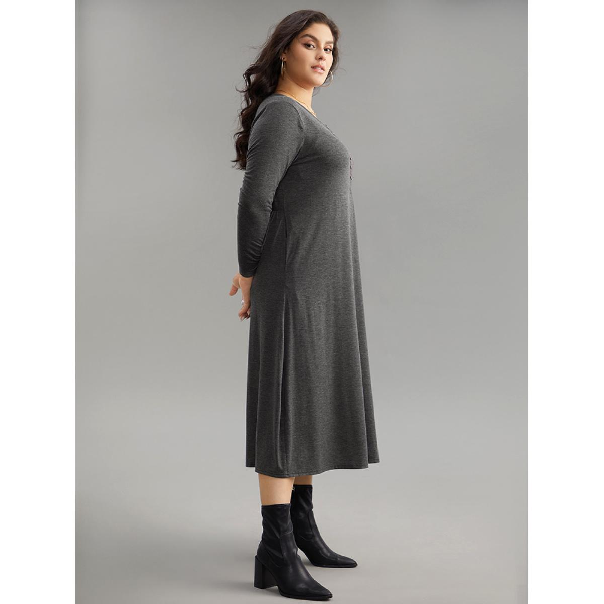 Plus Size Supersoft Solid Button Up Pocket Dress DimGray Women Timeless Non Round Neck Long Sleeve Curvy Midi Dress BloomChic 30/6X Product Image