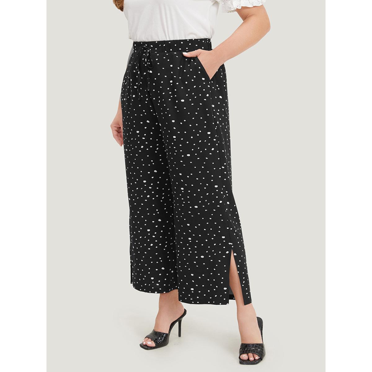 Plus Size Polka Dot Drawstring Pocket Split Hem Pants Women Black Elegant High Rise Dailywear Pants BloomChic 30/6X Product Image