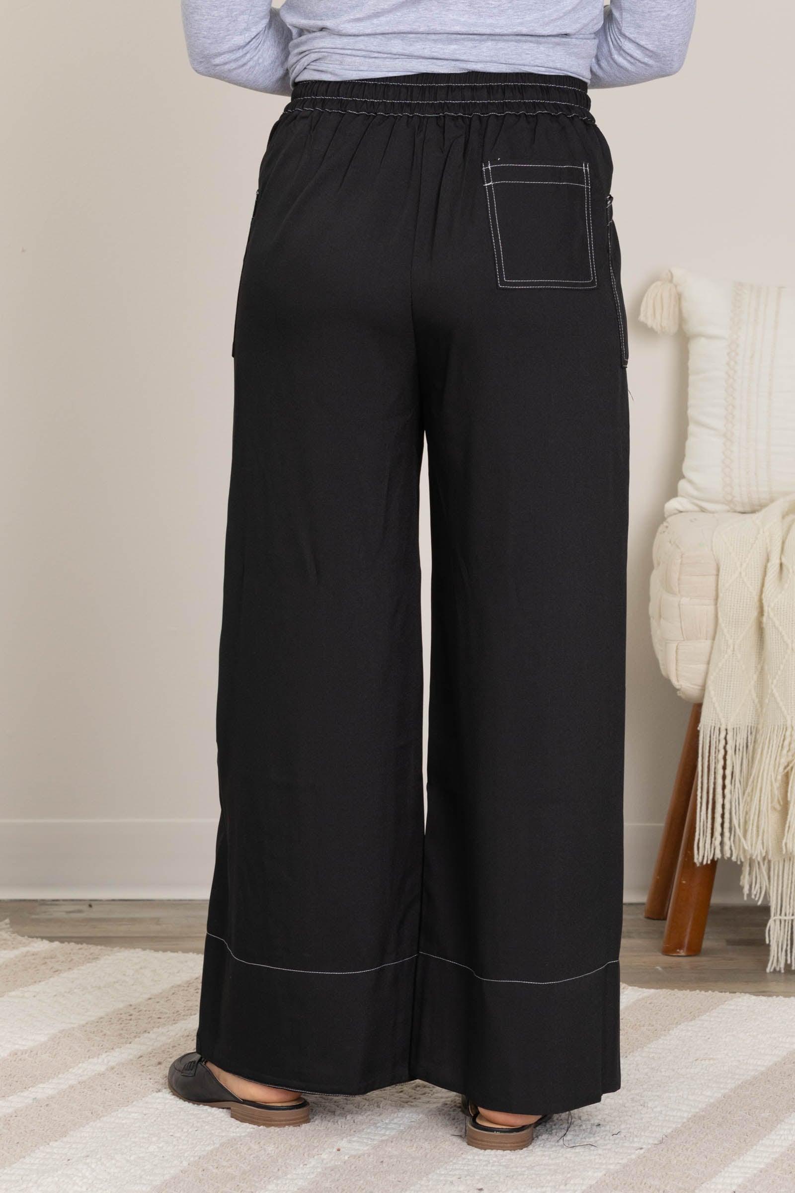 Contrast Stitch Elastic Waist Wide Leg Pants Product Image