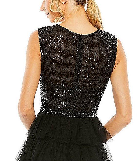 Mac Duggal Sleeveless Tiered Ruffled Sequin Crew Neck Gown Product Image