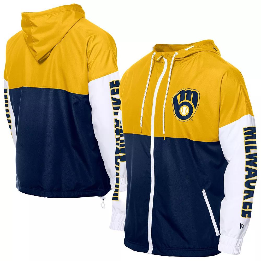 Men's New Era  Navy/Gold Milwaukee Brewers Color Block Full-Zip Hoodie Windbreaker, Size: 3XL, Blue Product Image