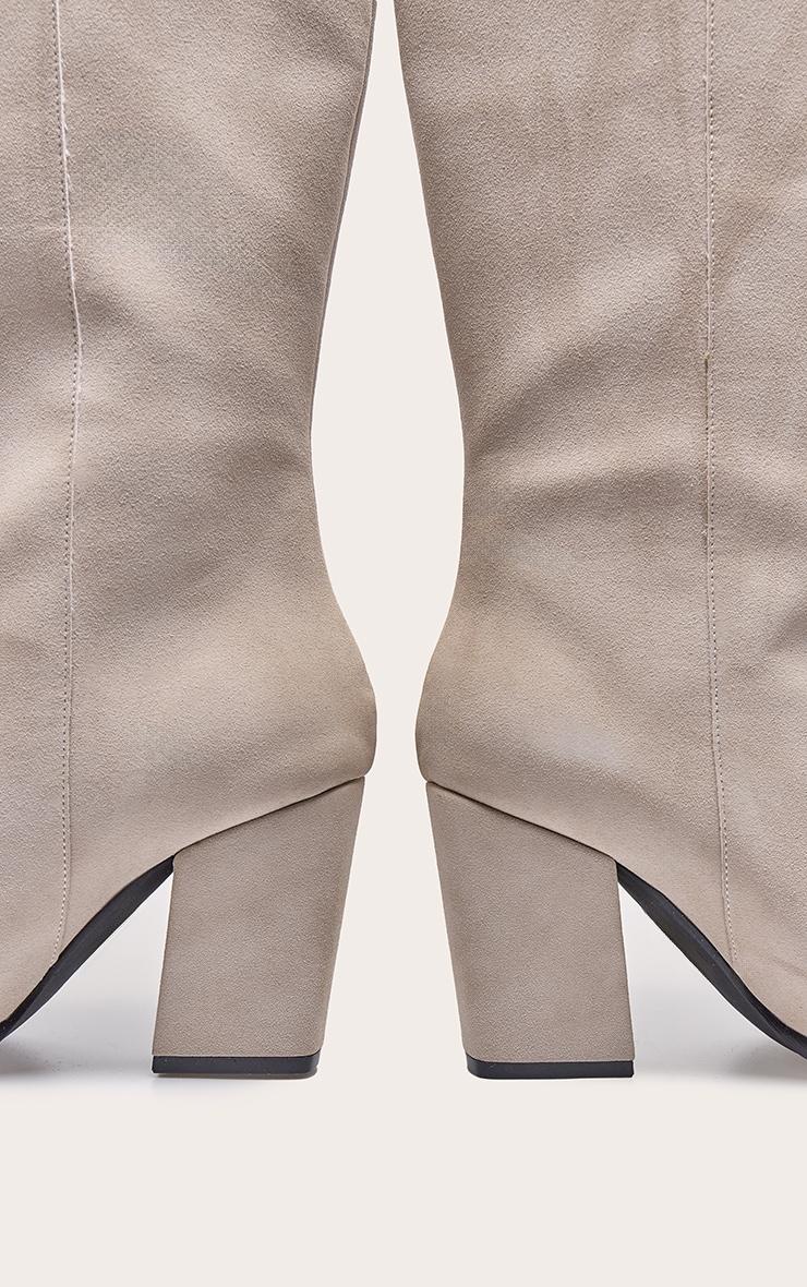 Cream Faux Suede Point Toe Block Heeled Knee High Boot Product Image