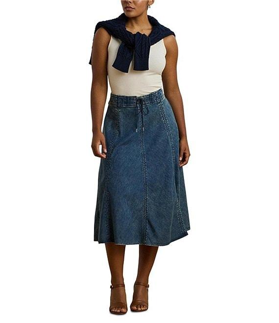 Lauren Ralph Lauren Plus Size Drawcord Waist A-Line Denim Midi Skirt Product Image