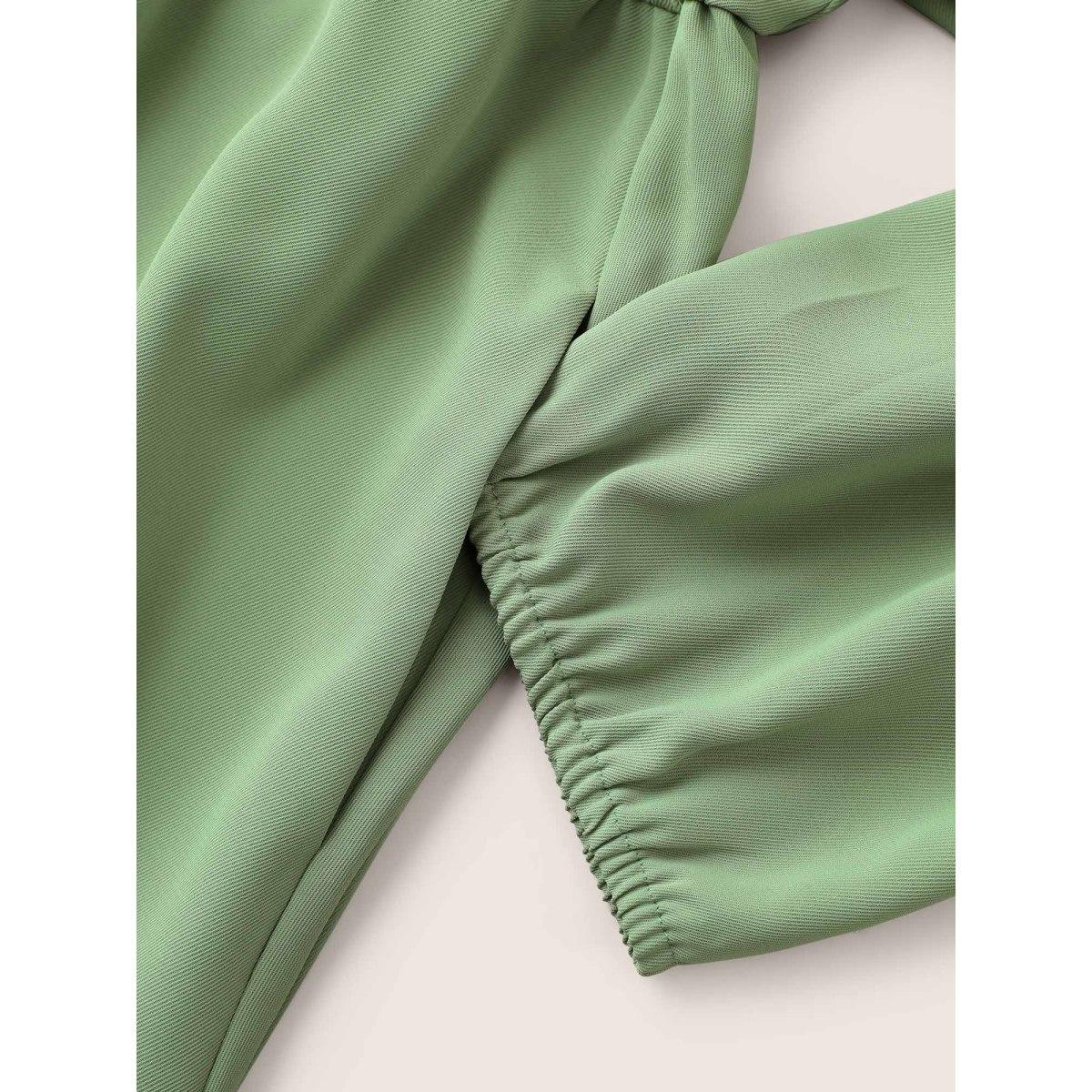 Plus Size Static-Free Solid Ruffles Gathered Layered Hem Dress Sage Women Elegant Non Notched collar Elbow-length sleeve Curvy Midi Dress BloomChic 12/L Product Image