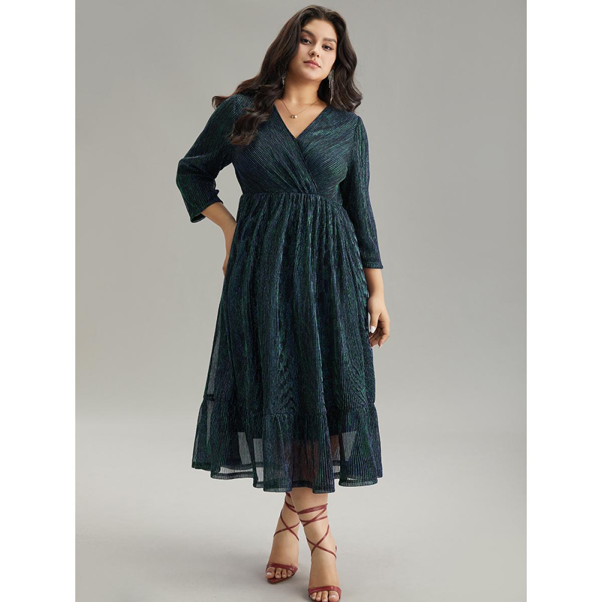 Plus Size Luxe Mesh Pleated Elastic Waist Wrap Dress DarkGreen Women Party Texture Overlap Collar Elbow-length sleeve Curvy Midi Dress BloomChic 18-20/2X Product Image