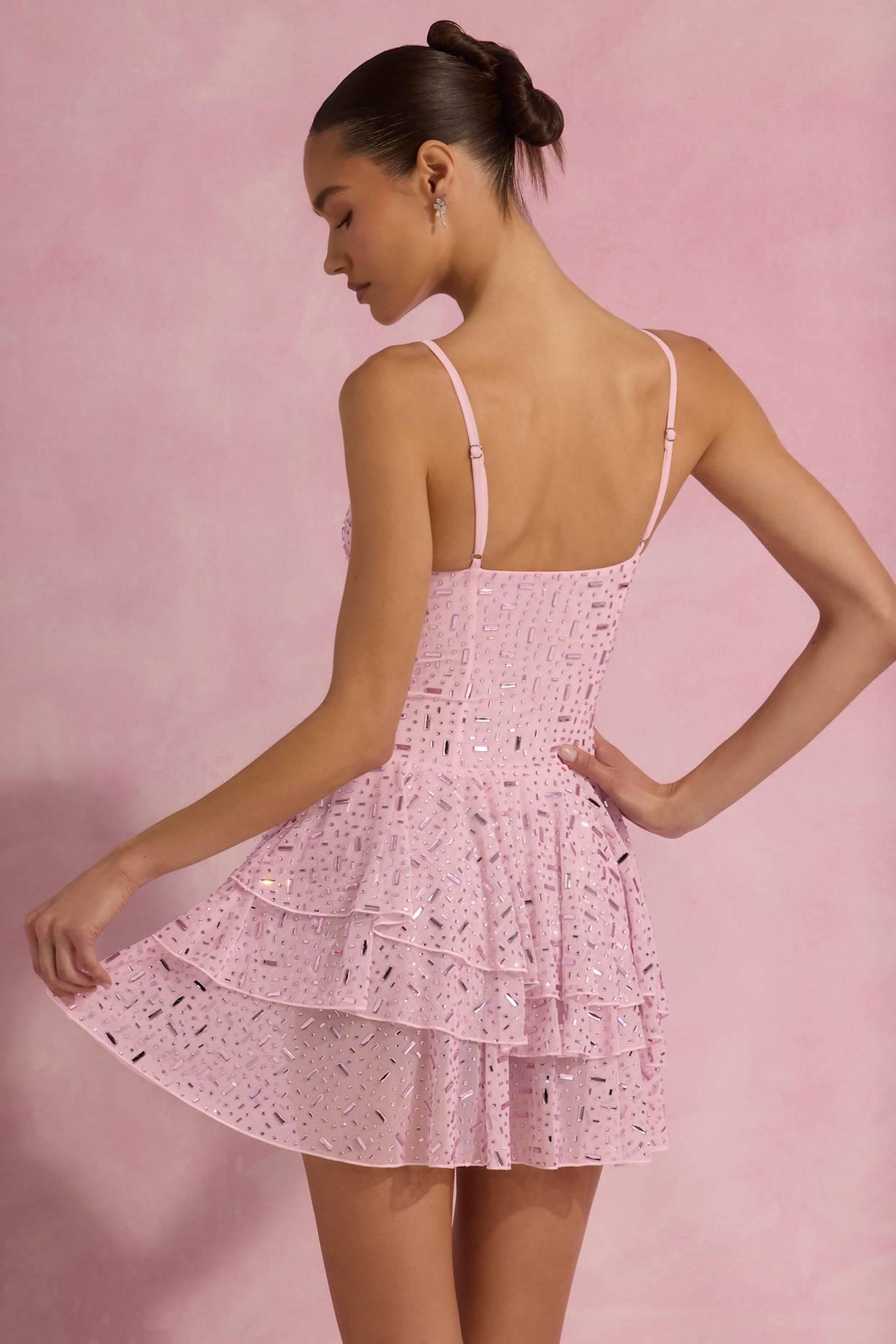 Embellished Ruffled Tiered Mini Dress in Pink Product Image