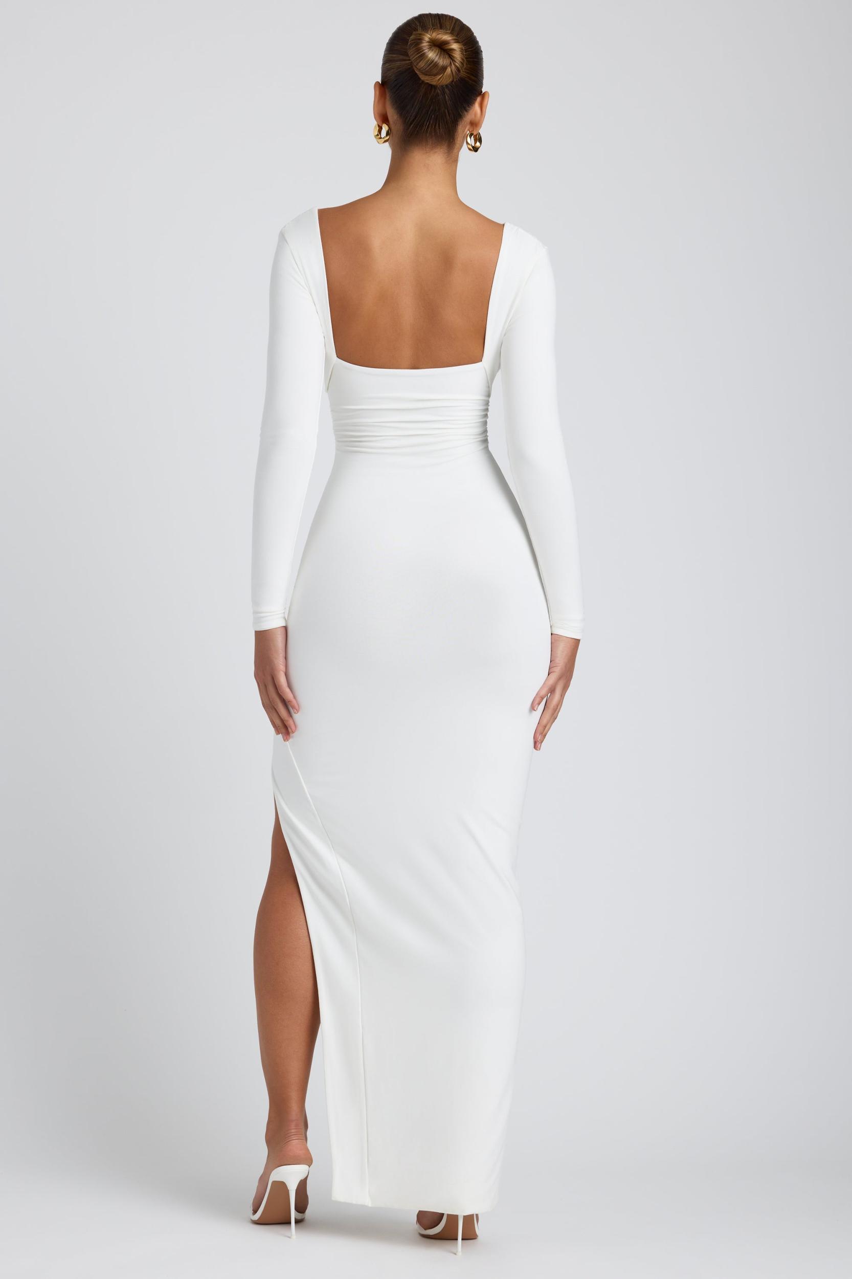 Modal Plunge Neck Long Sleeve Maxi Dress in White Female Product Image