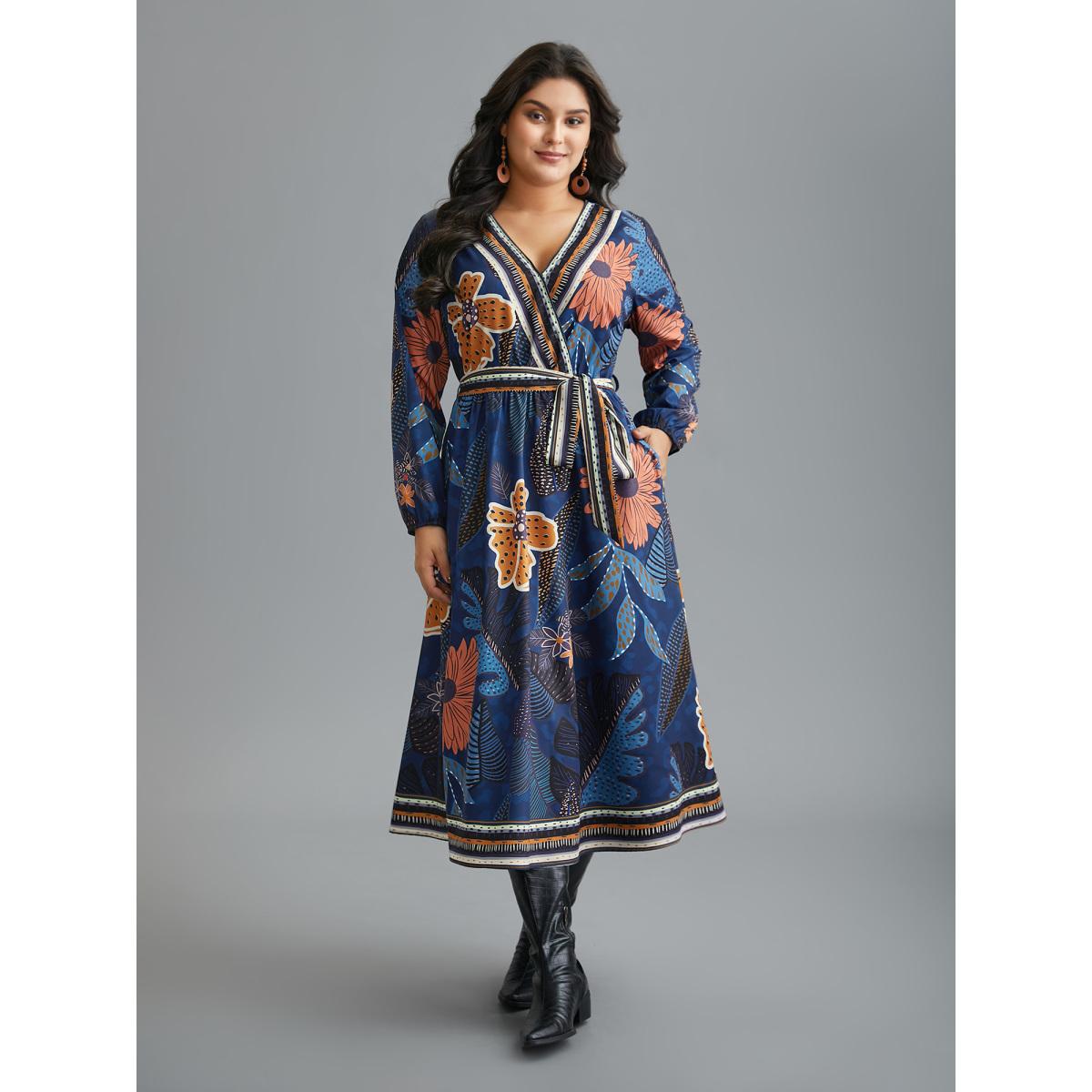 Plus Size Boho Print Belted Lantern Sleeve Dress DarkBlue Women Resort Belted Overlap Collar Long Sleeve Curvy BloomChic 18-20/2X Product Image