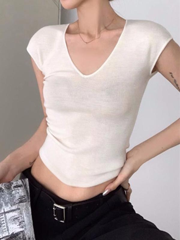 V Neck Slim Short Sleeve Knits Product Image