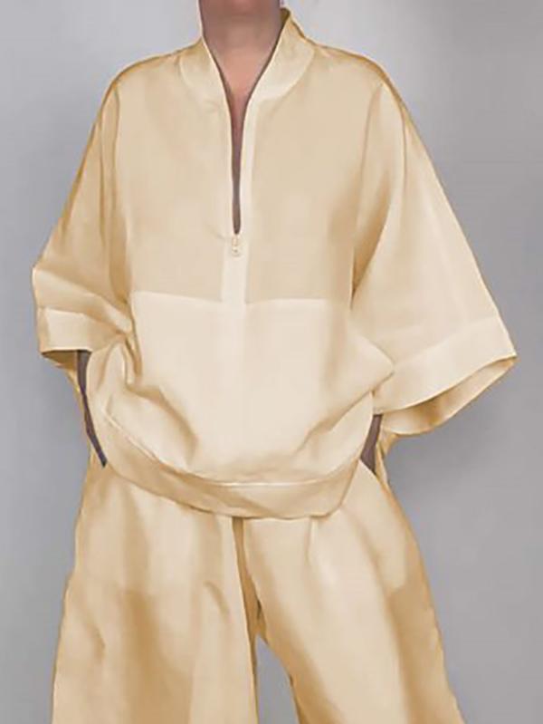 Long Sleeves Loose Solid Color Zipper V-Neck Shirts Tops Product Image