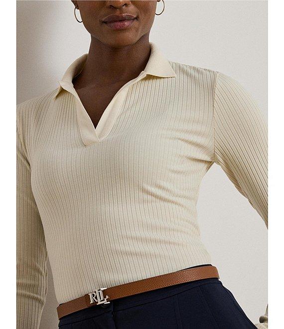Lauren Ralph Lauren Ribbed Knit V-Neck Johnny Collar Long Sleeve Top Product Image