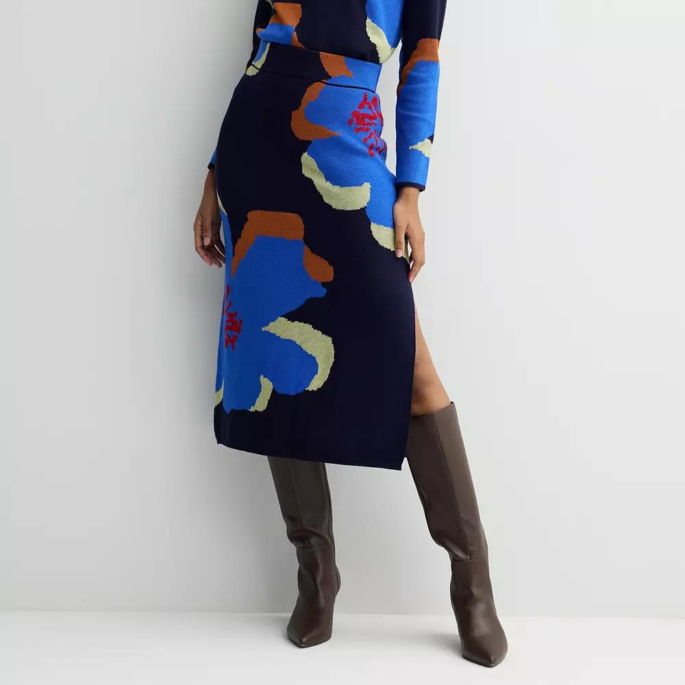 Women's INTEMPO Intarsia Midi Skirt, Size: XL, Blue Flower Product Image