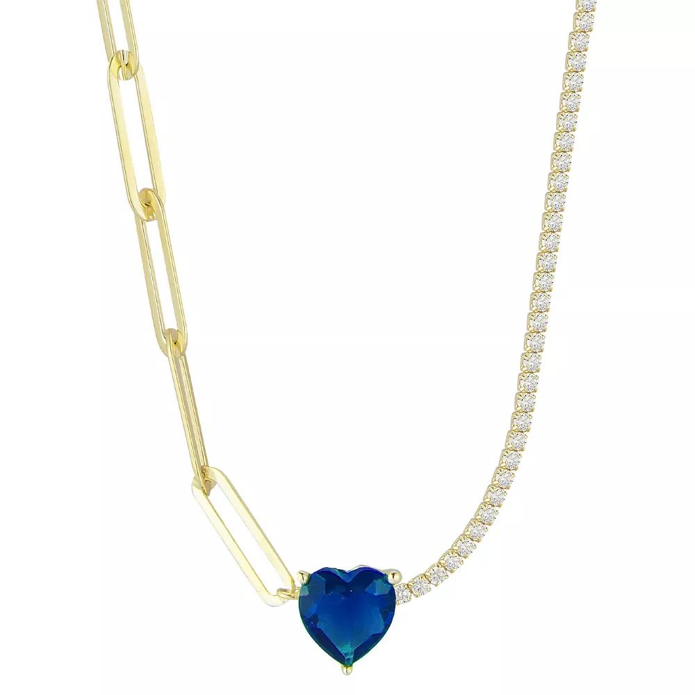 Sunkissed Sterling Cubic Zirconia Link & Tennis Heart Necklace, Women's, Size: 16", Gold Tone Blue Product Image