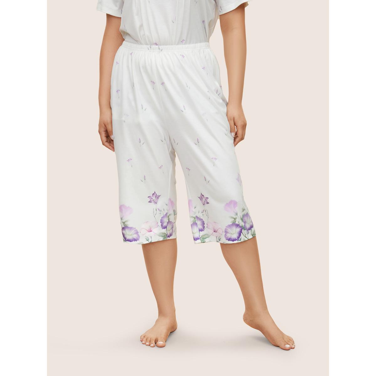 Plus Size Floral Pleated Button Detail Loungewear Set Women White Contrast Short sleeve Round Neck Lounge Loungewear Sets BloomChic 10/M Product Image